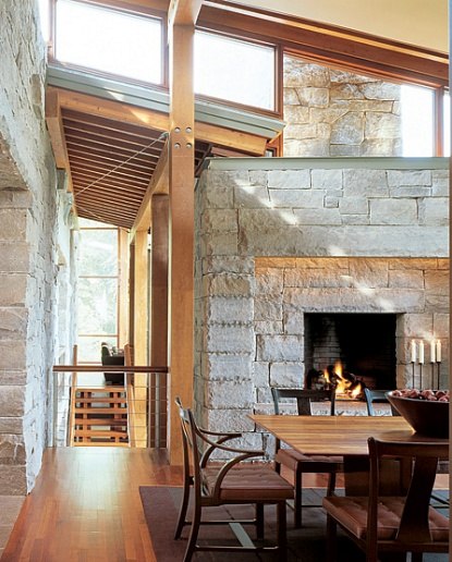 rustic modern fireplace and dining